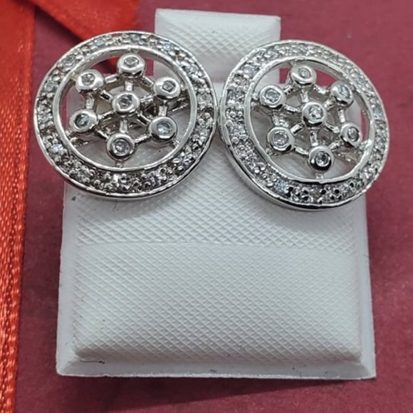Sterling Silver 925 Rhodium Plated Round Helm Wheel CZ Stud Earrings - Picture 3 of 10